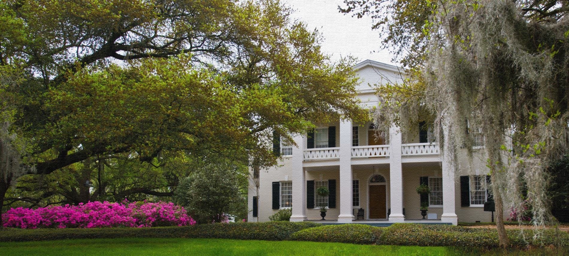 Front view of white b&b with many pillars and windows, a green lawn and many trees, and fuschia flowers