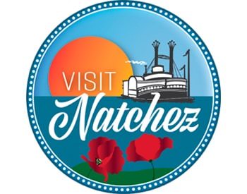 Visit Natchez circular logo displaying sunset, a boat, and red poppies