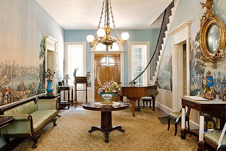 Well-lit foyer area with wooden front door, wood furniture, golden chandelier, golden carpet, and mural wallpaper depicting a seaside village