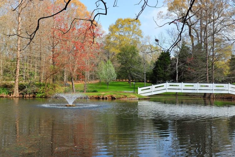 Beautiful autumn view over a pond with small water fountain in the middle and a white bridge crossing to the green grass on each side